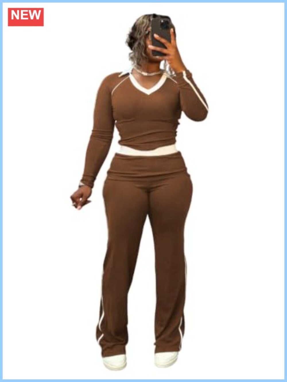 Women 2 Piece Lounge Set V-Neck Polo Top & Flare Leg Pants Stretch Knit